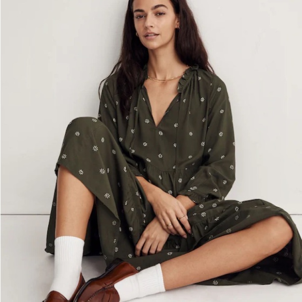 Madewell Dark Green Floral Long Sleeve Dress Tiered tie midi dress stardot - Picture 3 of 12
